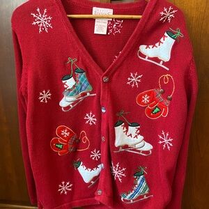 Red Ice Skating Themed tacky Christmas sweater Cardigan
